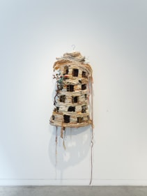 Ruby Chishti  Mother, Wake Me Up At 7:00  2020  Recylcled fabric, thread, wood, paint, wire mesh  38h x 23w x 9d in