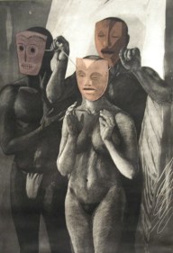 Anupam Sud THREE PINK MASKS 1990 Etching 20 x 26 in.