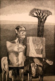 UNTITLED ( MAN WITH GOATS NEAR TREE ) 1972 Etching 9 x 6.5 in.