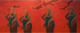 G.R. Iranna I WAIT TO HEAR THE SCREAM BY ME (DIPTYCH) 2007 Acrylic on tarpaulin 52 x 132 in.  SOLD