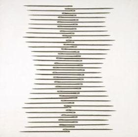 Roohi Ahmed ENTWINED 2009 Large metallic needles on board 16.5 x 16.5 in.