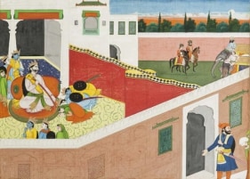 An Illustration to the Ramayana Series: Rama, Lakshmana and Sita Bid Farewell to King Dasaratha Northern India, Punjab Hills c. 1820 Opaque watercolour on wasli 9 x 12.4 in.
