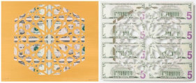 Abdullah M. I. Syed Divine Structure: Hexagon (Diptych) 2017 Hand-cut U.S. $20 banknote sheet and banknote collage with acrylic on wasli 10.25 x 24.5 in.