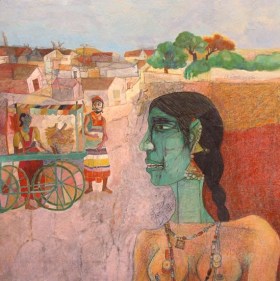 K Laxma Goud GREEN HEAD WOMAN &amp; VILLAGE BACKGROUND 1988 Gouache, crayon on board 22 x 22 in.