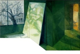 Indrapramit Roy THE STUDIO AT DAYBREAK (TEXTURES OF THE DRIFT 2) 2007 Oil on shaped canvas 72 x 114 in.  SOLD