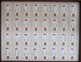 Tazeen Qayyum TEST ON A SMALL AREA BEFORE USE II 2007 Opaque watercolor and paper labels in wooden display case 20 x 16 x 2 in.