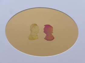 Abdullah M. I. Syed, Rose Petal Portraits: Silhouettes 29-30 &ndash; Putin and Trump, 2019, Hand-cut rose petals on archival metallic paper and clear acetate, 12 x 16 in