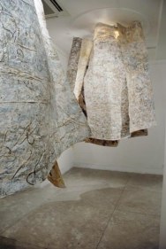 Jayashree Chakravarty UNTITLED B (SPHERE ALIEN) PAPER INSTALLATION - 6 Pieces 2008-2009 Pigment, tea stain, clay, acrylic on layered glued rice paper, tissue paper and cotton fabric Variable Dimensions NFS