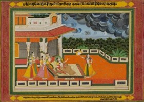 Illustration to a Rasika Priya Series: The Gathering Storm Northern India, Rajasthan, Jaipur School c. 1880 Opaque watercolor heightened with gold on wasli 10.75 x 13.25 in.