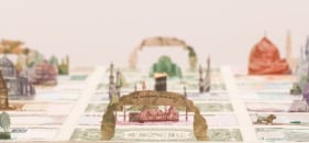 Abdullah M. I. Syed  Moneyscape V: Temenos (Detail)  2017  Hand-cut and assembled various uncirculated banknotes in custom light-box vitrine  22 x 22 x 10 in