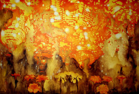 Nitin Mukul, CHANDELIER 2 (WE ARE NOT ALONE) 2013 Oil, acrylic and tea stain on canvas 48 x 72 in.