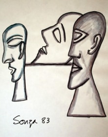 F.N. Souza THREE HEADS 1983 Marker and wash on paper 11 x 8.5 in.  SOLD