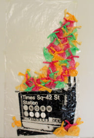 Hira Khan, Disposable Standards, 2018, Screen print and polythene bags, 70 x 36 in