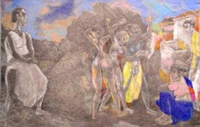 Laxma Goud 3 DANCING FIGURES IN CENTER, 3 WATCHING 1991 Pencil, crayon on paper 14 x 22 in.