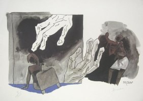 M F Husain MOTHER TERESA'S HANDS (Mother Teresa Series) Limited edition serigraph (edition of 300) individual serigraph $2,000; set of 3 $5,000 18 x 24 in.