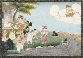 Leaf from a dispersed Ramayana: Brahma Visits the Sage Valmiki in His Hermitage c. 1820-30 Opaque watercolor on paper 9 x 14 in.
