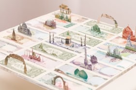 Abdullah M. I. Syed Monescape V: Temenos (Detail) 2017 Hand-cut and assembled various uncirculated banknotes in custom light-box vitrine 22 x 22 x 10 in.