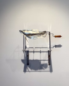 Promotesh Das Pulak, Extinct Fish 4 2025, Steel, leather, acrylic, glass, 14h x 14w x 12d in