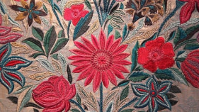 Adeela Suleman PRAYING IN HER RICHLY DECORATED ROOM III (Ed. 1/2) 2012 Embroidery on cloth, iron with powdered paint and custom lamps Stretcher: 73 x 23.5 x 5 in. / Lamps: 51 x 16 x 16 in. (each)