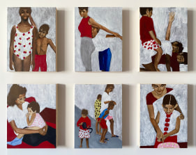Maya Jay Varadaraj  6 Little Descendants, 2022  Acrylic on panel  14 x 11 in
