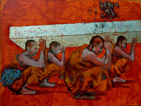 G. R. Iranna CROUCHING MONKS 2013 Acrylic on canvas 36 x 48 in.