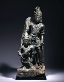 A Pair of Black Stone Attendants India (Rajasthan, Abaneri region) 10th-11th Century Grey chist 19.7 x 7.9 x 7.9 in.