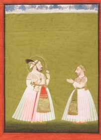 Jagat Singh with a Sadar Rajasthan, Udaipur, Mewar School c. 1740-50 Opaque watercolor heightened with gold on wasli 10.75 x 7.75 in.