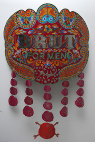 Abdullah M. I. Syed Brut for Men: Rose (English Version) Hand-beaten and chamak patti (hand stickered ornamentation) metal medallion, wood and stainless steel 59 x 46 in. 2013