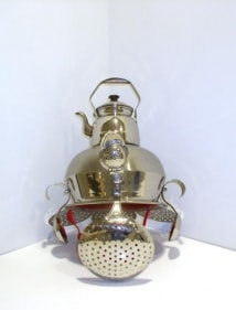 Adeela Suleman STAINLESS STEEL HELMET WITH KETTLE 2008 Stainless steel, metal, fabric and padding 17 x 14 x 12 in.