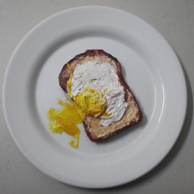 Maryam Arslan, Egg Toast, 2018, oil and enamel on plate, 8 x 8 in