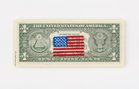 Abdullah M. I. Syed  Money Flag: USA (1 US$ Verso), 2020  Machine embroidery on uncirculated 1 US Dollar bill  6.10h x 2.60w in