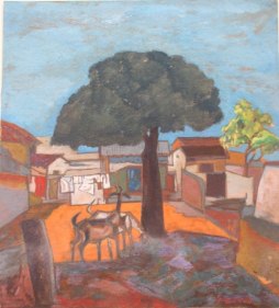 Laxma Goud VILLAGE SCENE 2 (HERWITZ COLLECTION) Ink on paper 16&quot; x 14 in.  SOLD