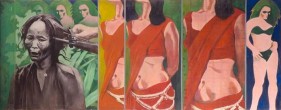 Ijaz ul Hassan THE RIFLE BUTT 1974-75 Oil on canvas 42 x 108 in.  SOLD