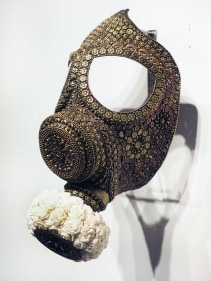 Promotesh Das Pulak  Untitled (Gas Mask for the Rich &amp; Famous), 2019  Brass, copper, shola flowers  12.50 x 6 in