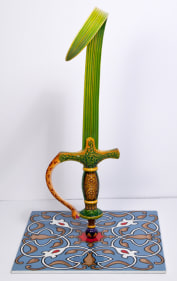 Adeela Suleman KAR WA FARR SERIES 2 2014 Hand-painted steel sword, iron and metal tile with enamel paint 15 x 12 x 9 in.