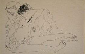 Laxma Goud UNTITLED (DEAD FIGURE IN ARMS) Ink on paper 6 x 9.5 in.