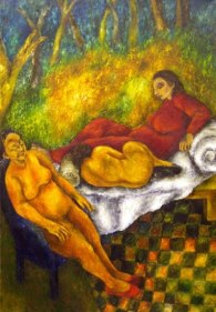 Anjum Singh THREE WOMEN IN GRASS 1989 Oil on canvas 48 x 22 in.