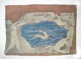 M F Husain YUDHISHTRA FACES YAMA (mahabharata series) Limited edition serigraph (edition of 350) individual serigraph $2,000; set of 3 $5,000 18 x 24 in.