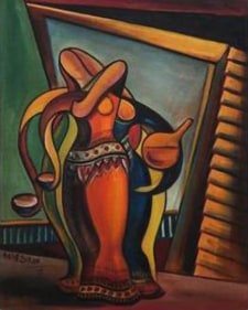 Sadequain WOMAN AT THE WELL 1954 Oil on board 30 x 24 in.