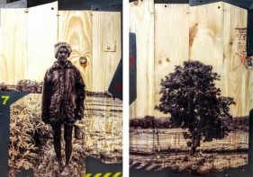 Arunkumar H.G. Vulnerable Guardians Series (Pair 4) 2018 Digital print, floor paint and clear coat on reclaimed wood 20 x 14 in. (Each)