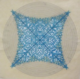 Anila Quayyum Agha All The Flowers Are For Me (Turquiose) 2015 Embroidery and encaustic on laser-cut paper 30 x 30 in.