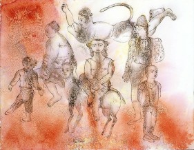 Sakti Burman HANUMAN WITH THE COMEDIANS 2008 Watercolour on paper 20 x 25.5 in.