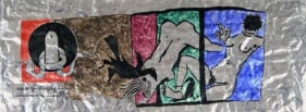 M.F. Husain SNAKES AND CROWS 1974 Acrylic on foil 19 x 53 in.
