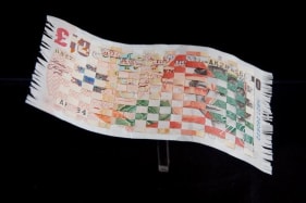 Abdullah M. I. Syed WEAVING MYTH IV (FLYING RUG SERIES) 2013 Hand-cut and weaved 10 British Pounds and 20 Pakistani Rupee with custom Perspex vitrine 6 x 10 in.