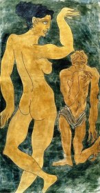 Sadequain WOMAN WITH SCULPTURE Oil on canvas 59 x 32 in.  SOLD