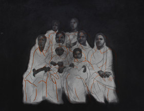 Razin Rubin, Elizabeth and the Sisters, 2018, Graphite, carbon paper and fabric paint on mount board, 17.50 x 22 in
