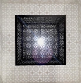 Anila Quayyum Agha  Hidden Diamond, 2016  Laser-cut black steel, wires, and bulb  36 x 36 x 36 in