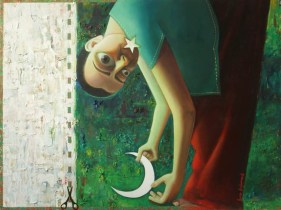 Sana Arjumand I AM FLEXIBLE. ARE YOU? (FROM THE SERIES:AM I A PAKI?) 2006 Oil and acrylic on canvas 36 x 48 in.  SOLD