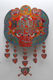 Abdullah M. I. Syed Brut For Men: Heart (English Version) Hand-beaten and chamak patti (hand stickered ornamentation) metal medallion, wood and stainless steel 59 x 46 in. 2013