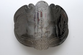 Abdullah M. I. Syed Brut for Men (Urdu version) Hand-beaten metal medallion, wood and stainless steel 40 x 46 in. 2013